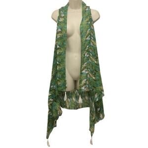 b.Boutique By Evergreen Tropical Kimono Vest Tassel Sheer Swim Cover Up NWT